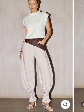 MICAS Linen-blend Faux Leather Ruched Patchwork Barrel Trousers